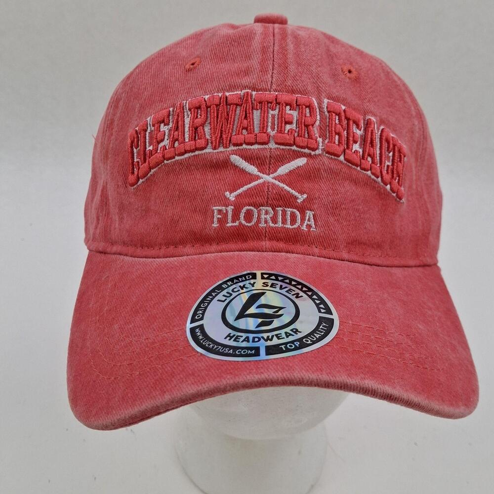 Clearwater Beach Florida Lucky 7 Hat Cap Strap Back One Size Pink UPF 50 Mens